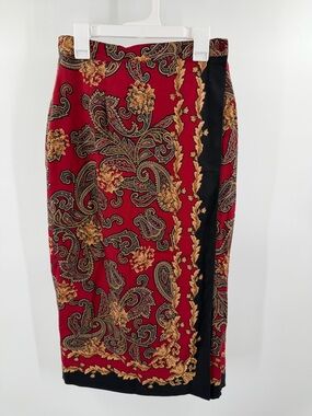 Talbots 100%‎ Silk Wrap Red Black Gold Paisley Oriental Midi Skirt Size 6P